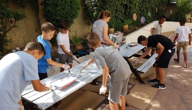 תלמידים צובעים שולחנות בית ספרם